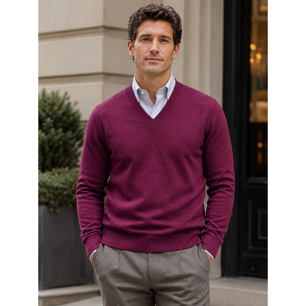 Brooks Brothers Sweater Mens Medium Magenta V-Neck 100% Merino Wool 346 Preppy